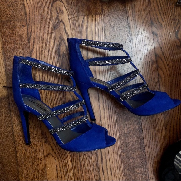 NEW 🆕 Guess Sparkly Cobalt Open Toe Strappy Heels - Picture 2 of 8